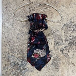 Elegant red, navy, pink & gray and Tie Necklace with Cowgirl Hat Brooch